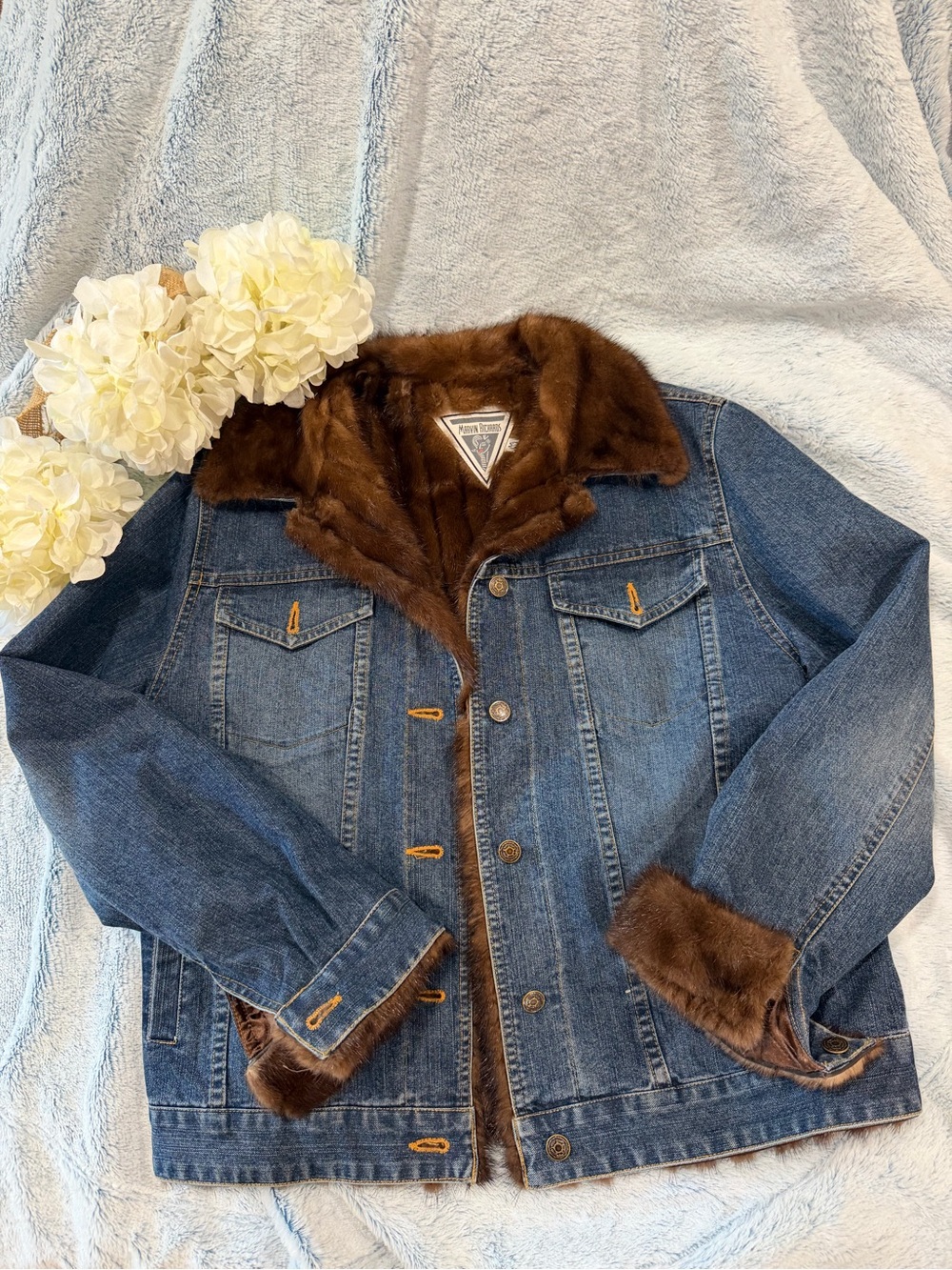 Marvin Richards Blue Denim Jacket with Brown Faux Fur Trim